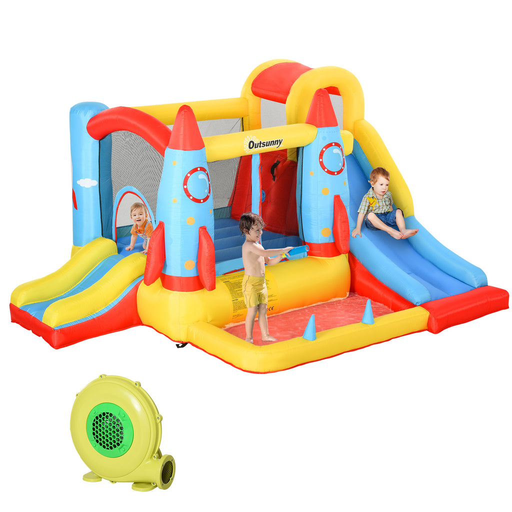 Rocket-Themed Inflatable Bouncing Castle with Slide, Climbing Wall, Trampoline and Splash Pool