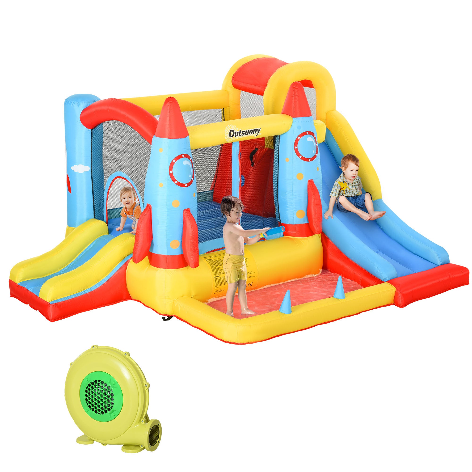Rocket-Themed Inflatable Bouncing Castle with Slide, Climbing Wall, Trampoline and Splash Pool