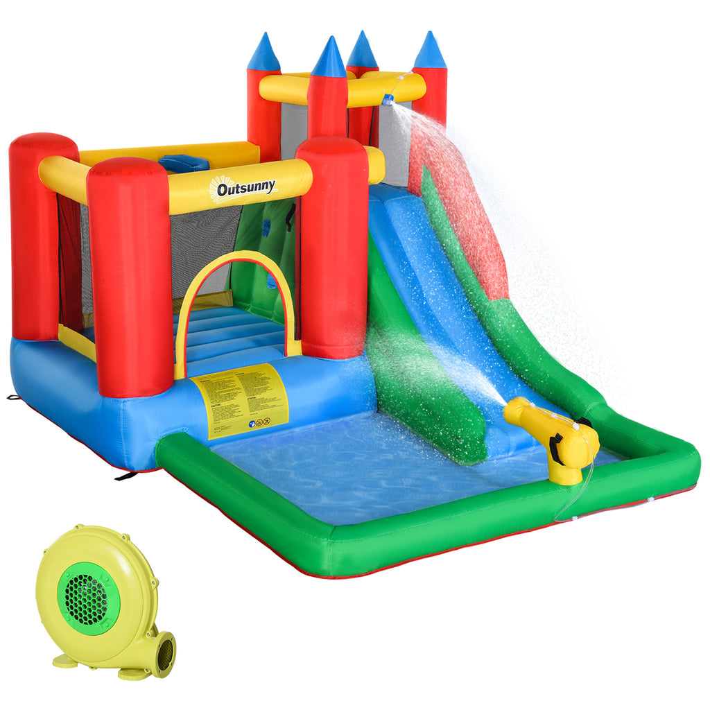 6-in-1 Inflatable Bounce Castle with Slide, Water Pool & Climbing Wall – Outdoor Fun for Kids