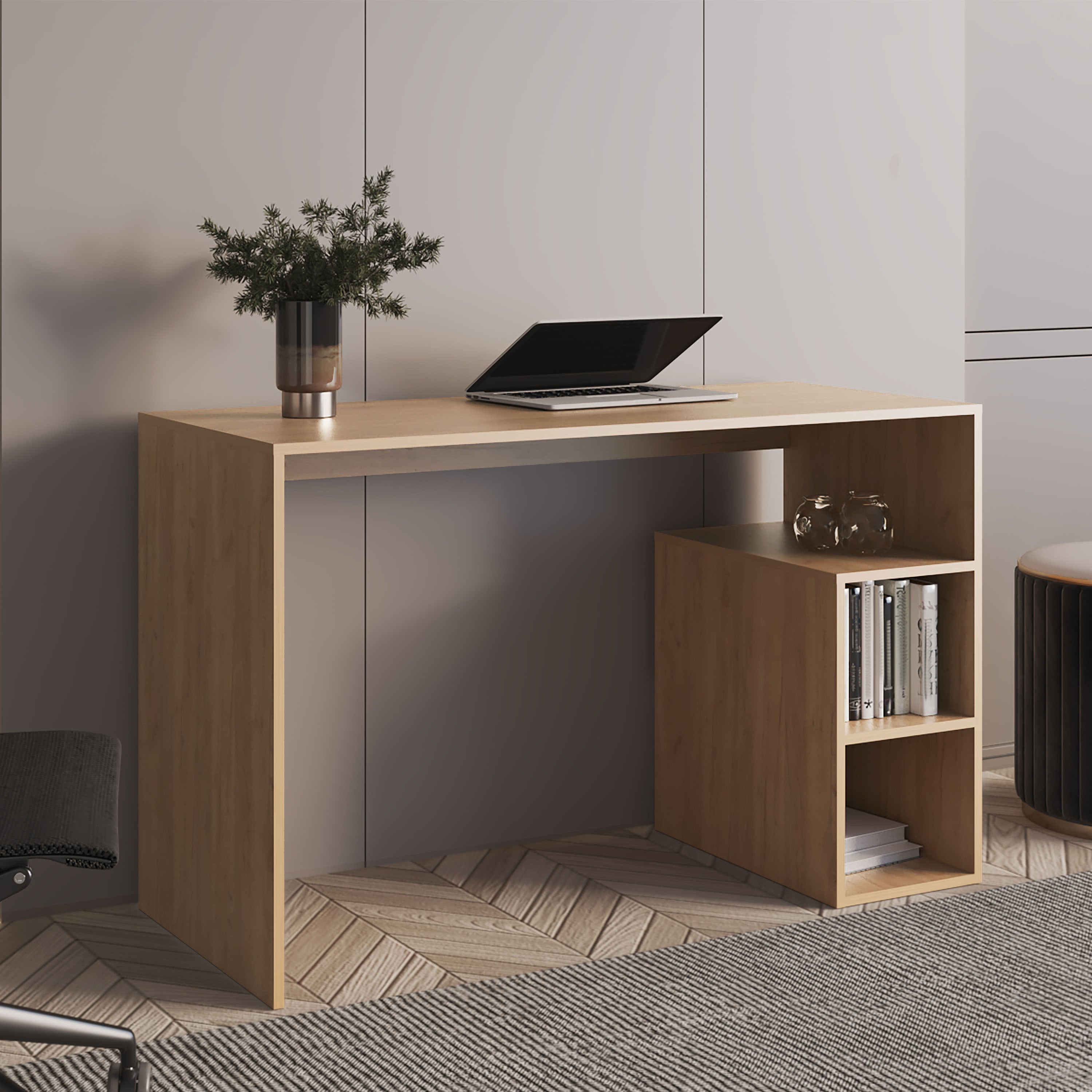 Natural Oak Finish Modern Writing Desk with Built-In Shelves 47"