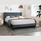 Charcoal Burlap Platform Queen Bed with Geometric Headboard