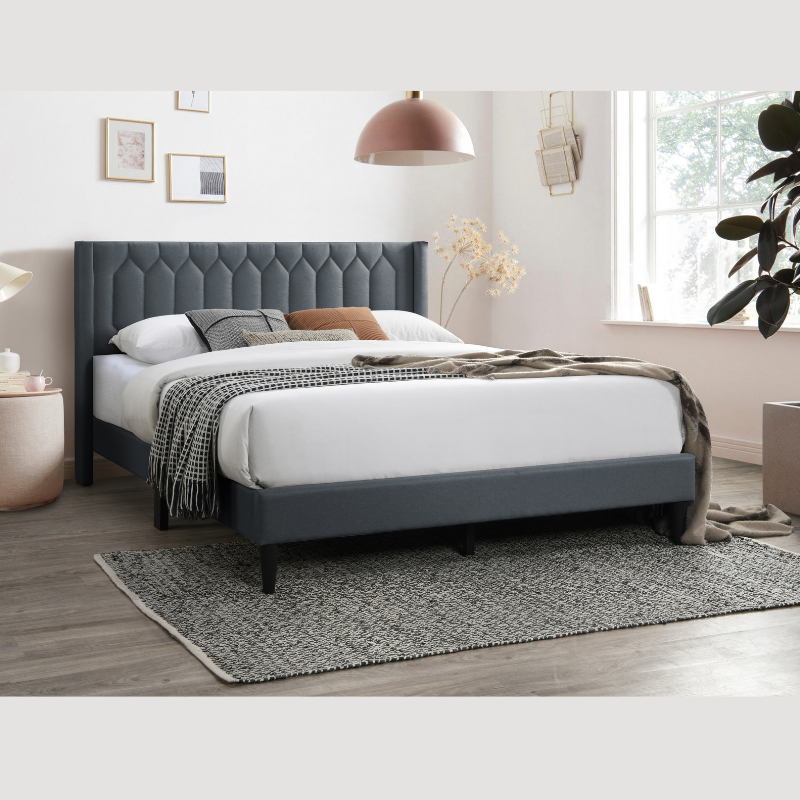 Charcoal Burlap Platform Queen Bed with Geometric Headboard