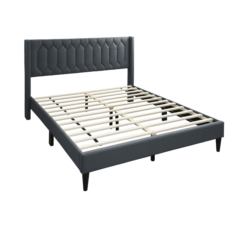 Charcoal Burlap Platform Queen Bed with Geometric Headboard