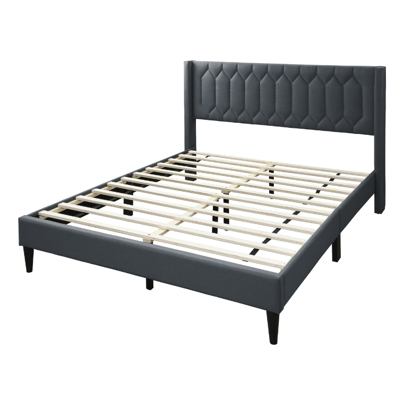 Charcoal Burlap Platform Queen Bed with Geometric Headboard