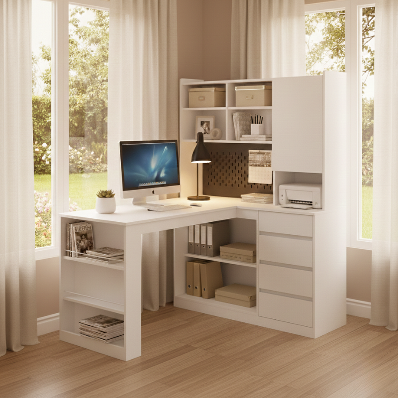 Corner L Shape Desk with Side Book Shelf