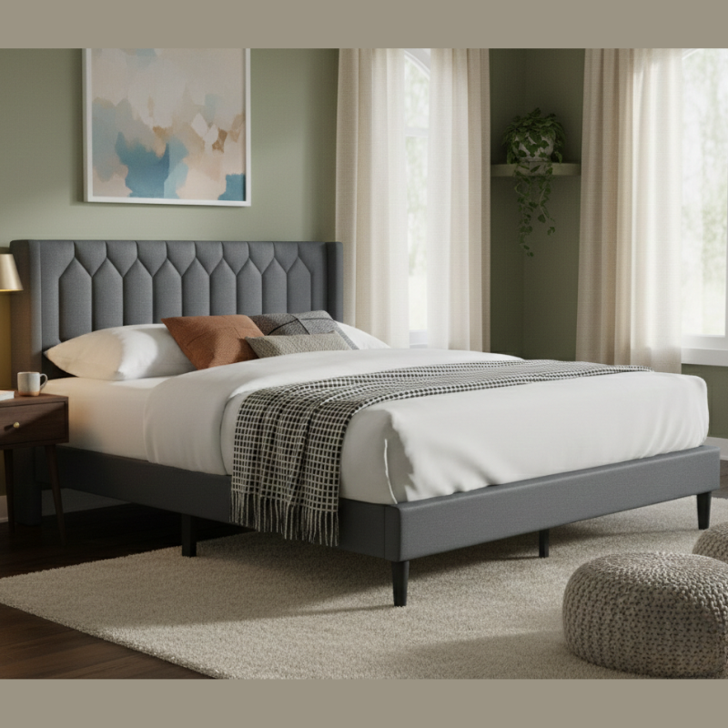 Charcoal Burlap Platform Queen Bed with Geometric Headboard