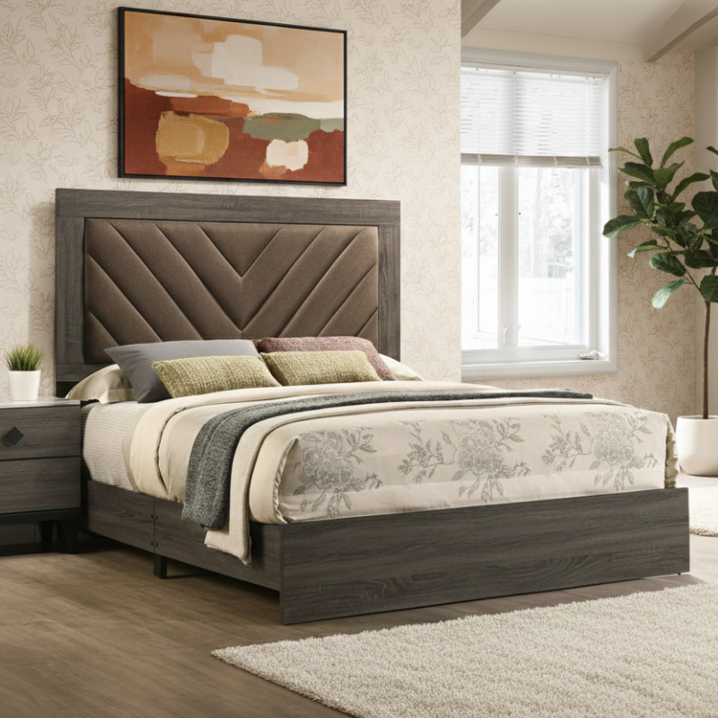 Rustic Gray Queen Bed Frame with Upholstered V-Pattern Headboard