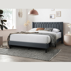 Charcoal Burlap Platform Queen Bed with Geometric Headboard