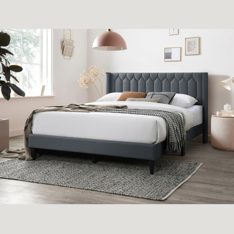 Charcoal Burlap Platform Queen Bed with Geometric Headboard