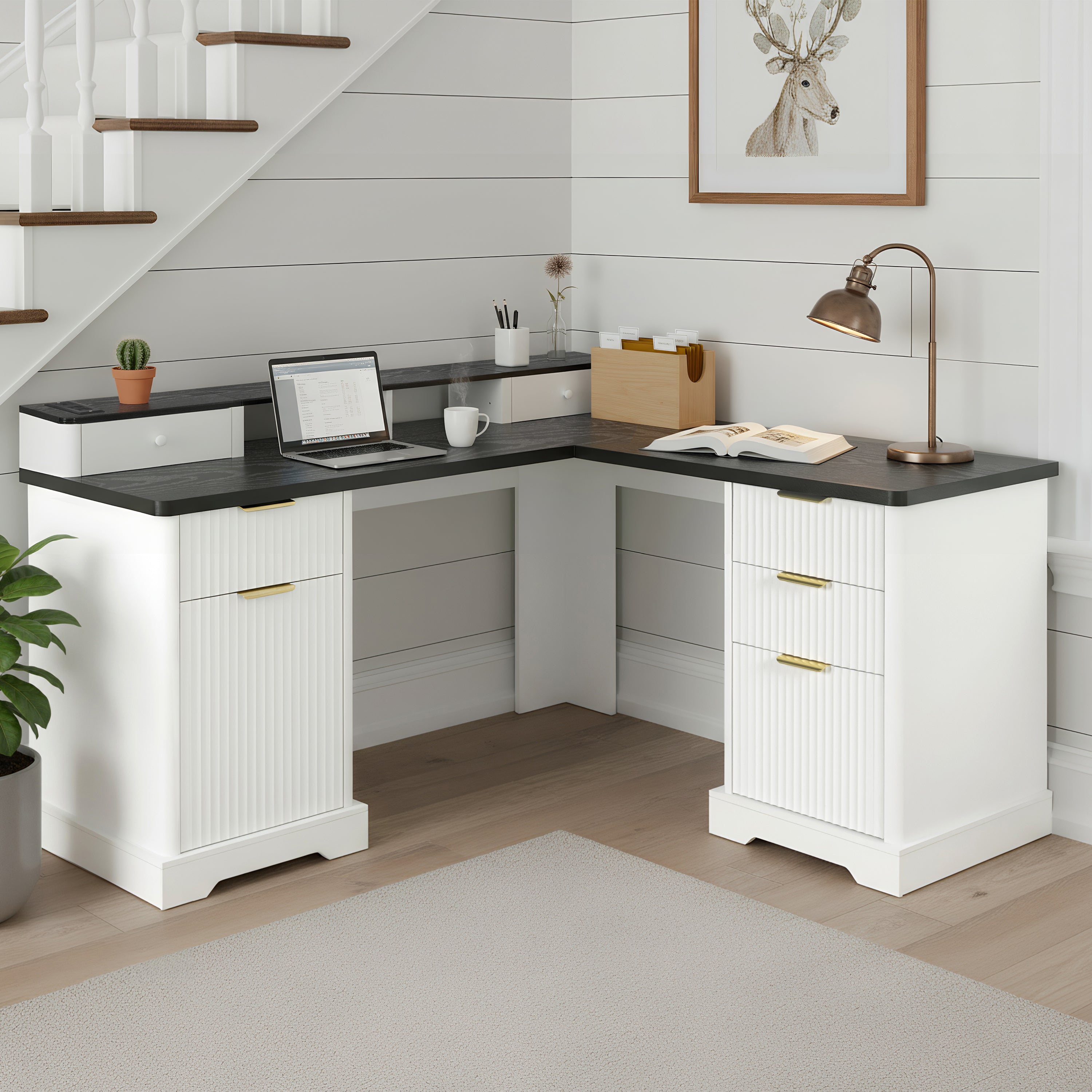 L-Shaped Corner Desk with Elevated Monitor Stand & Charging Station
