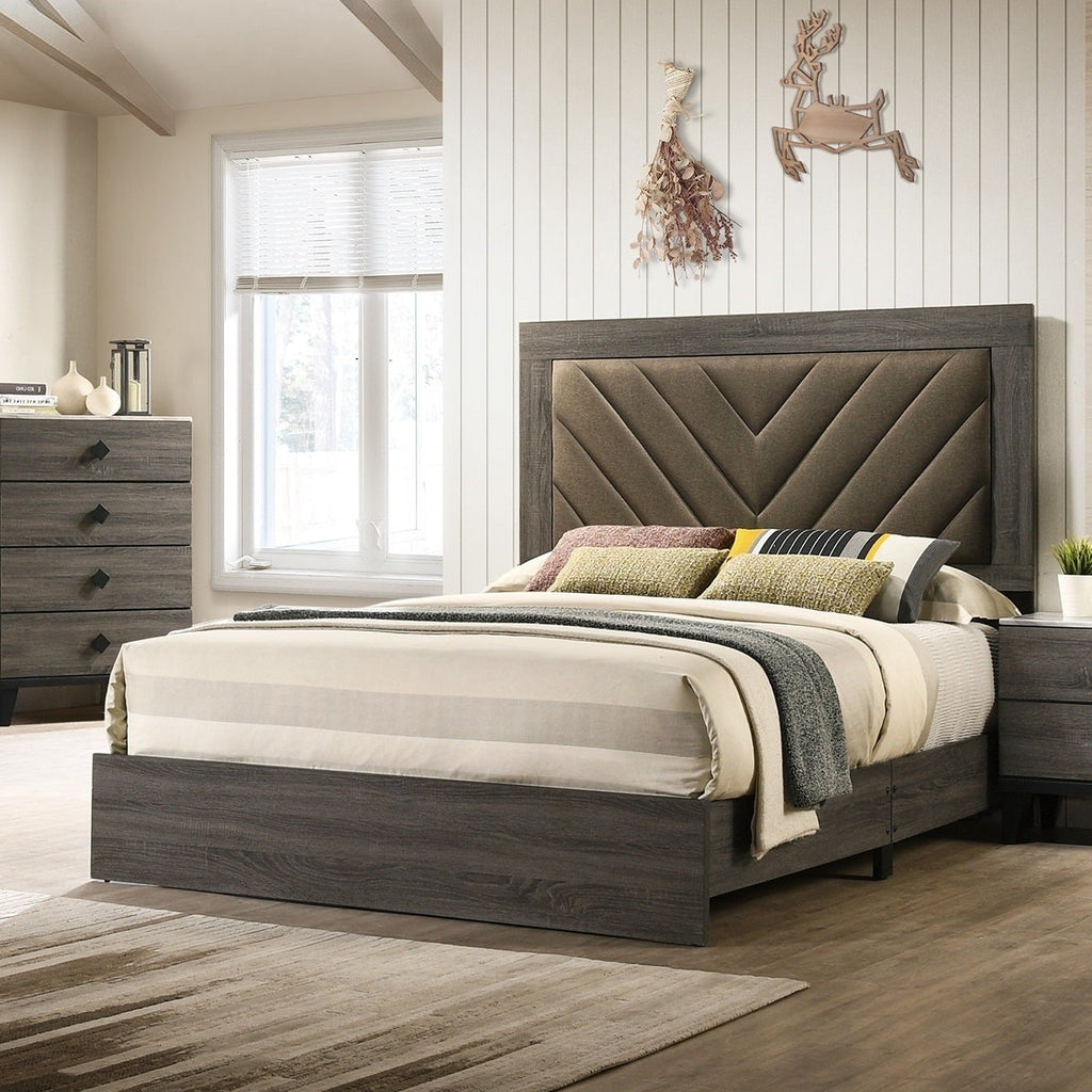 Rustic Gray Queen Bed Frame with Upholstered V-Pattern Headboard