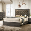 Rustic Gray Queen Bed Frame with Upholstered V-Pattern Headboard