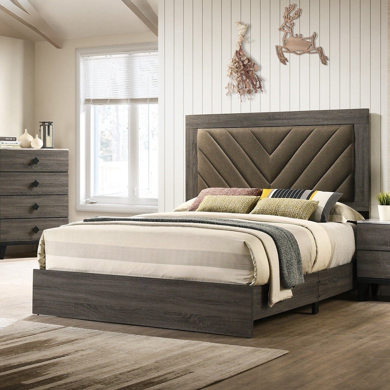 Rustic Gray Queen Bed Frame with Upholstered V-Pattern Headboard