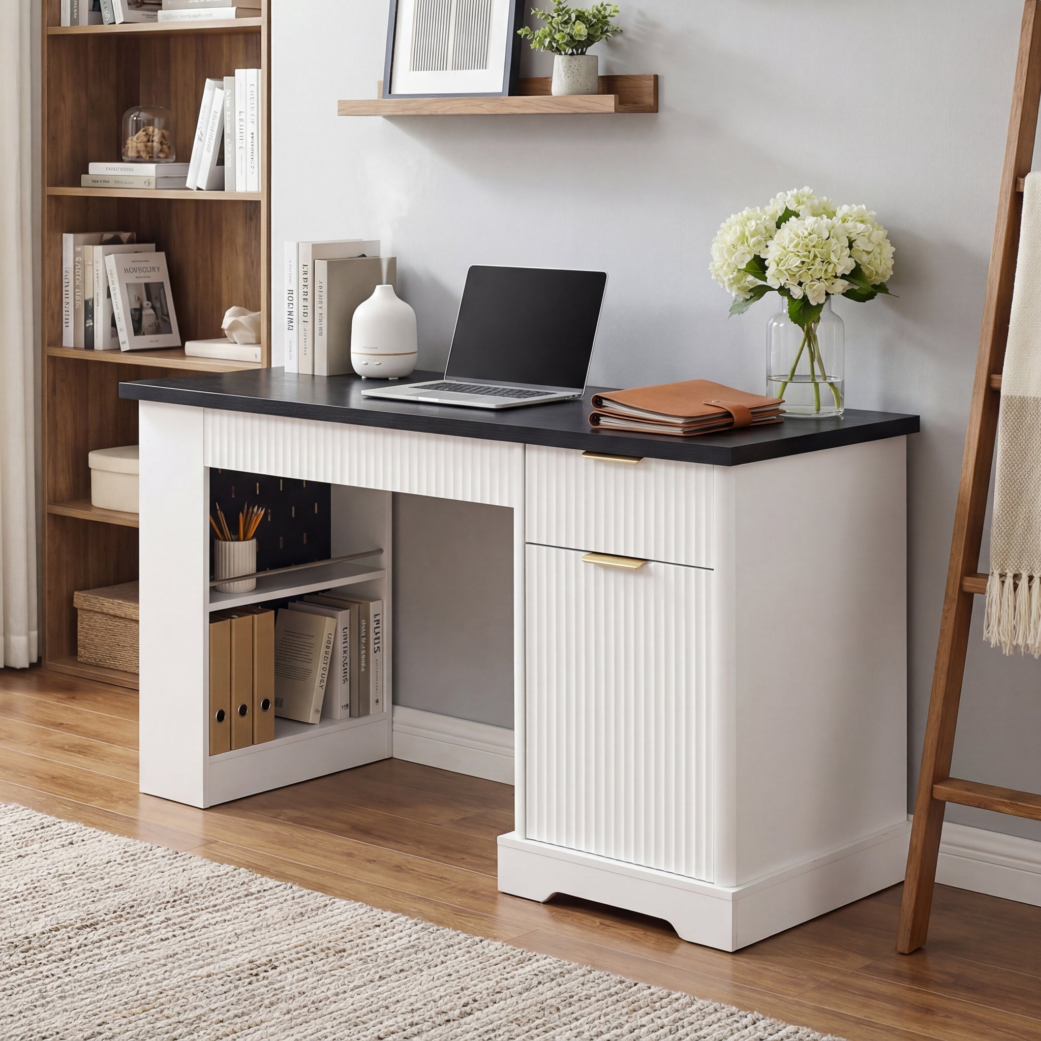 Fluted Office Desk with Storage, Power Outlet, Hookboard
