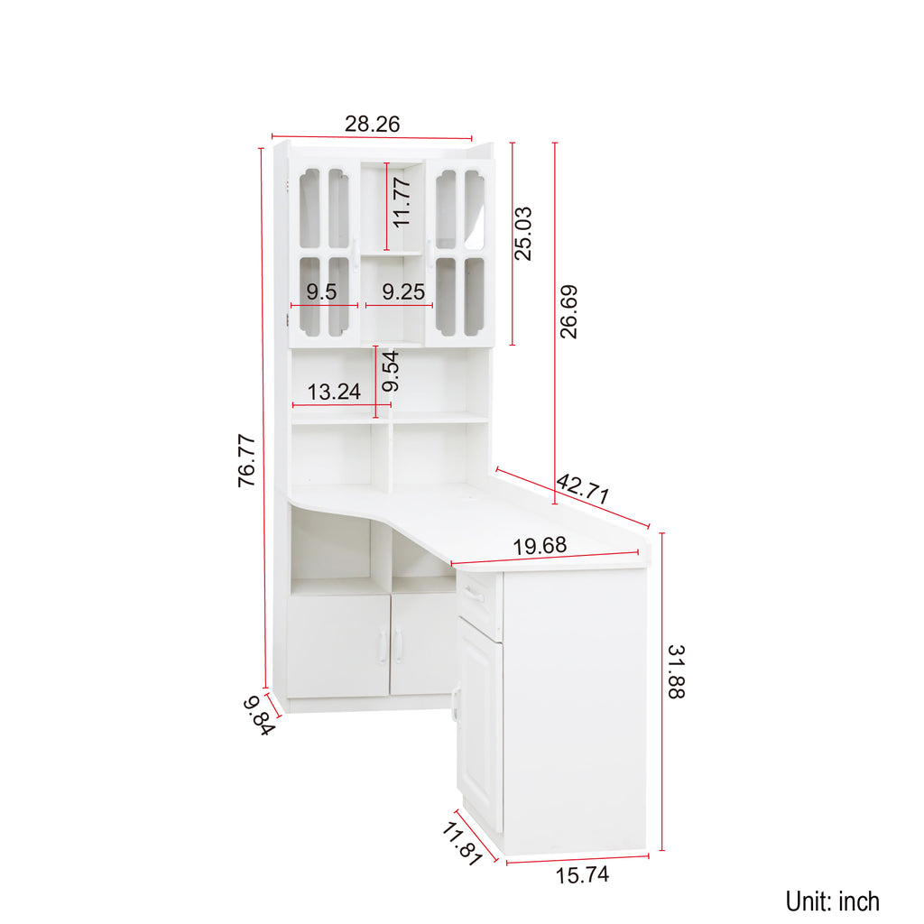 White L-Shaped Corner Computer Desk with Hutch, Cabinets & Drawer
