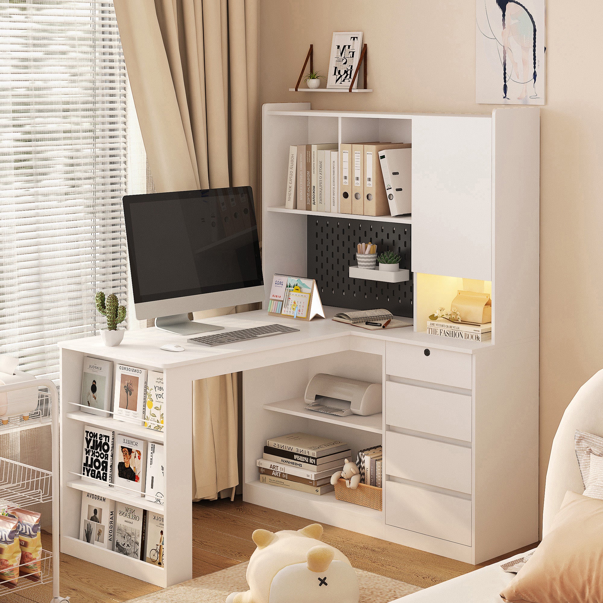 Corner L Shape Desk with Side Book Shelf