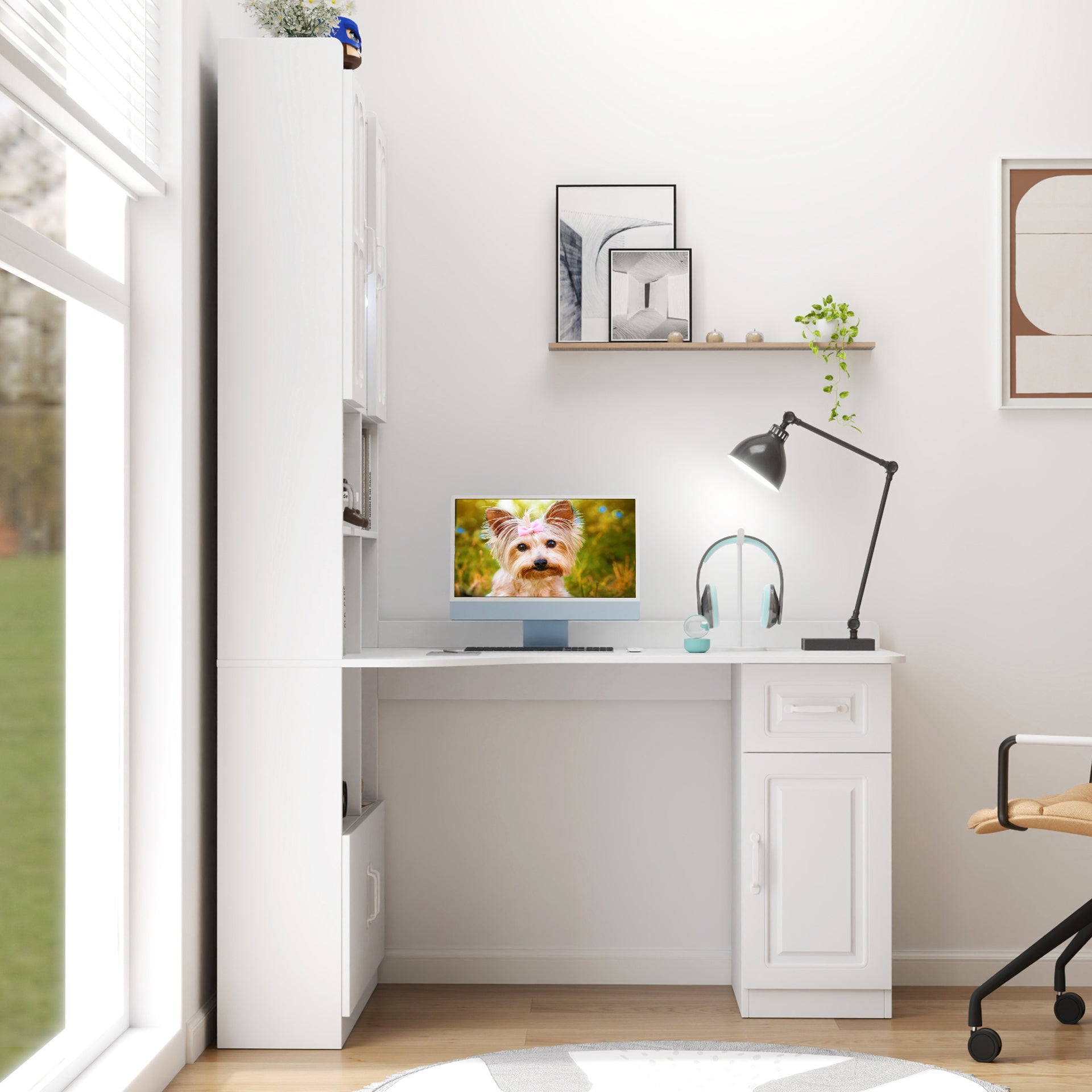 White L-Shaped Corner Computer Desk with Hutch, Cabinets & Drawer