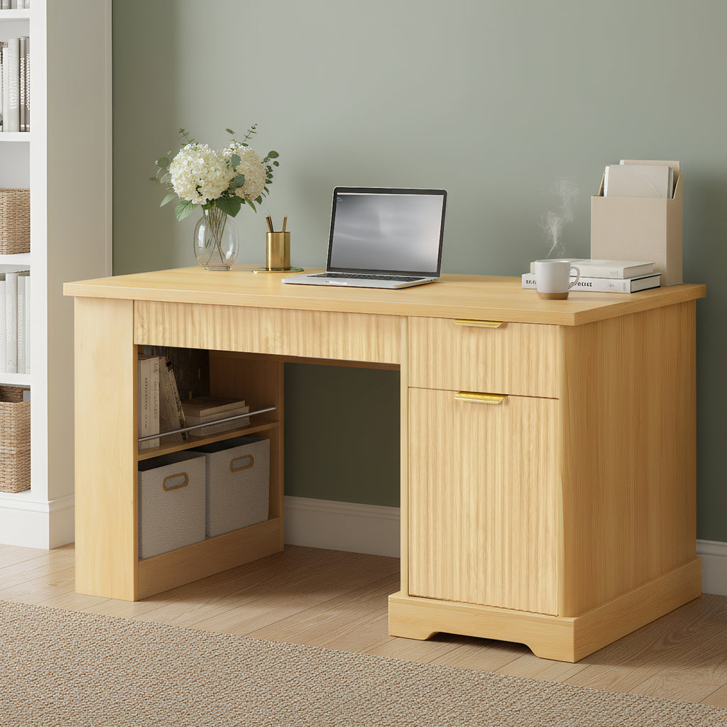 Fluted Office Desk with Pegboard Light Oak