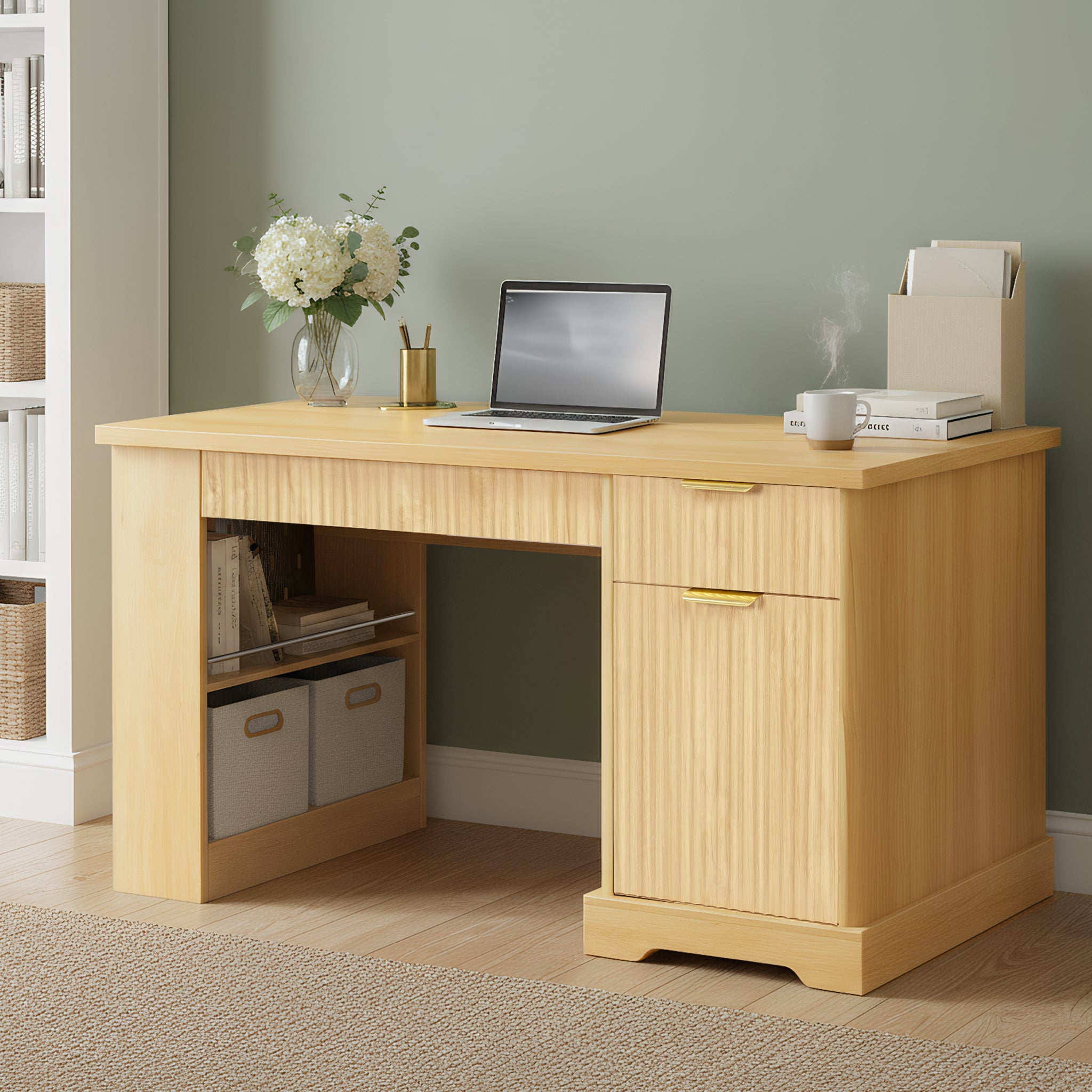 Fluted Office Desk with Pegboard Light Oak