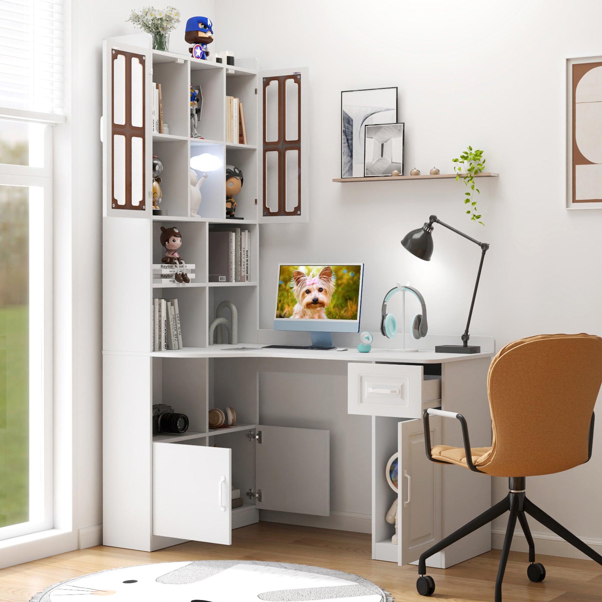 White L-Shaped Corner Computer Desk with Hutch, Cabinets & Drawer