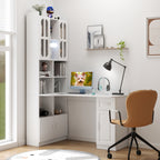 White L-Shaped Corner Computer Desk with Hutch, Cabinets & Drawer